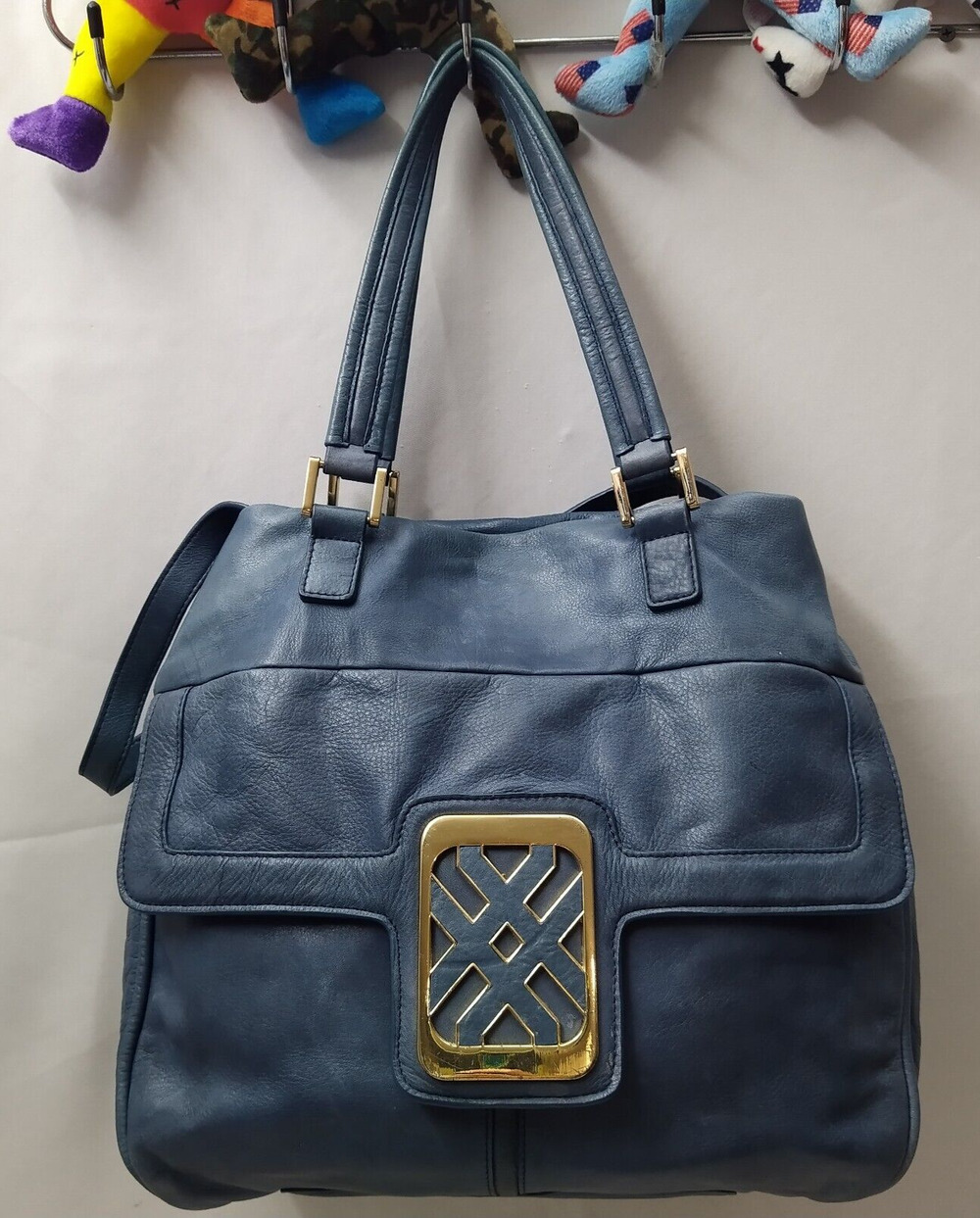 Joelle Hawkens Blue Leather Double Handles Shoulder Bag